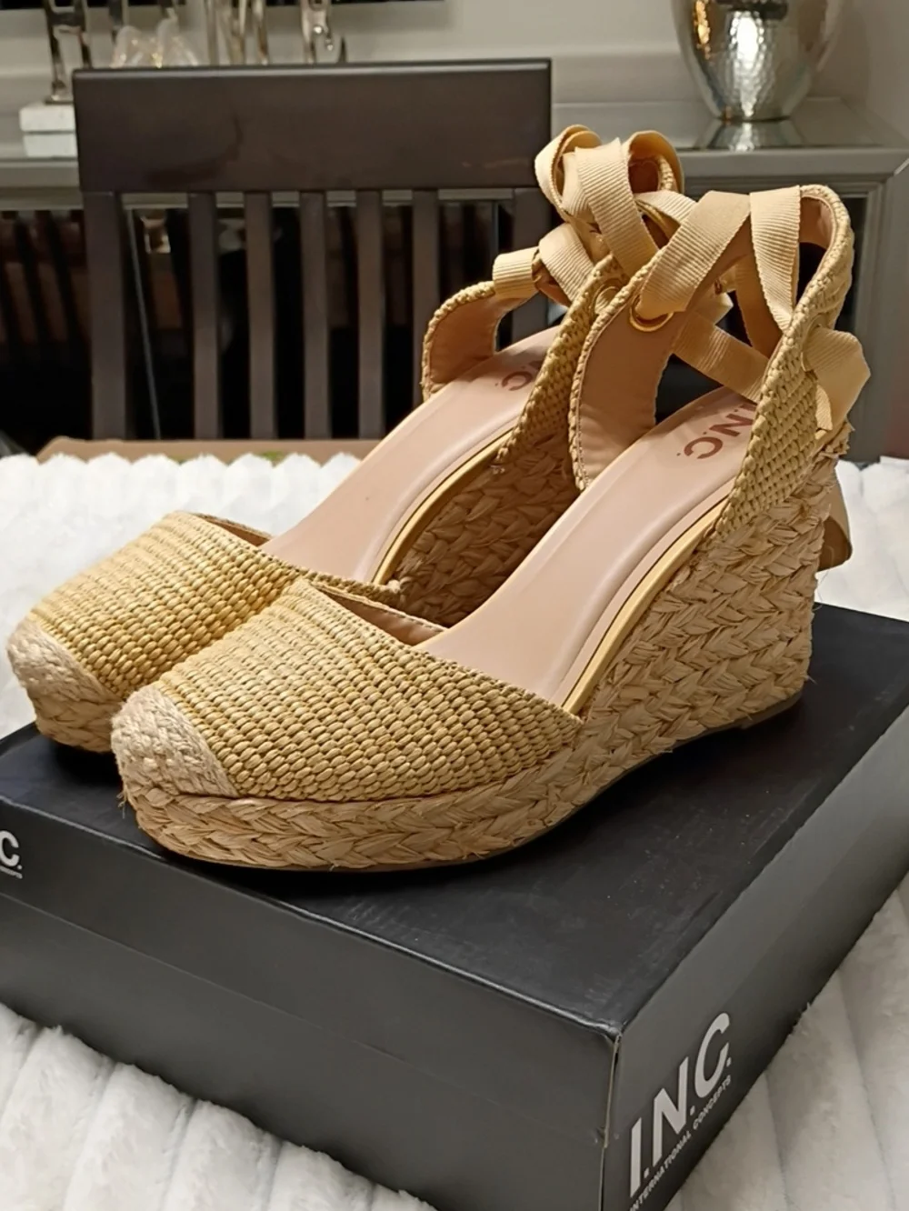 INC International Concepts Tan Woven Espadrille Wedge Sandals with Ankle Ribbon